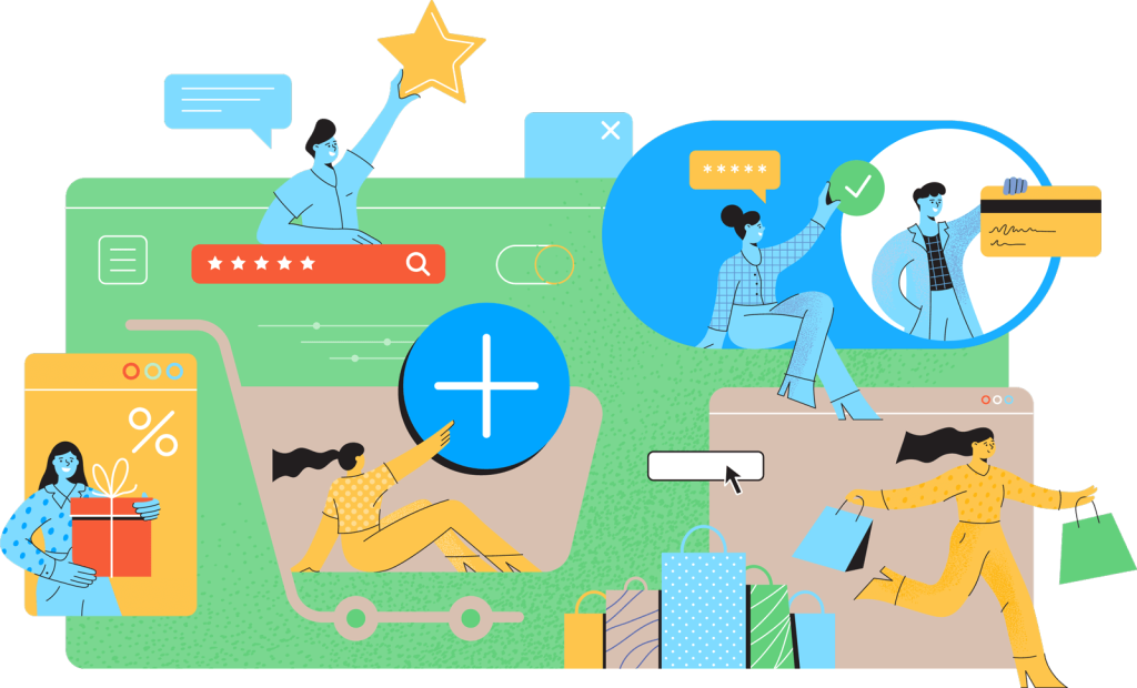 Illustration showing people holding gifts, stars, and online shopping icons