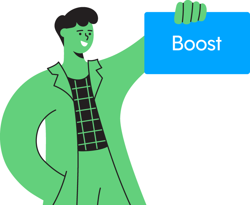 Illustration of a smiling man holding a blue Boost card