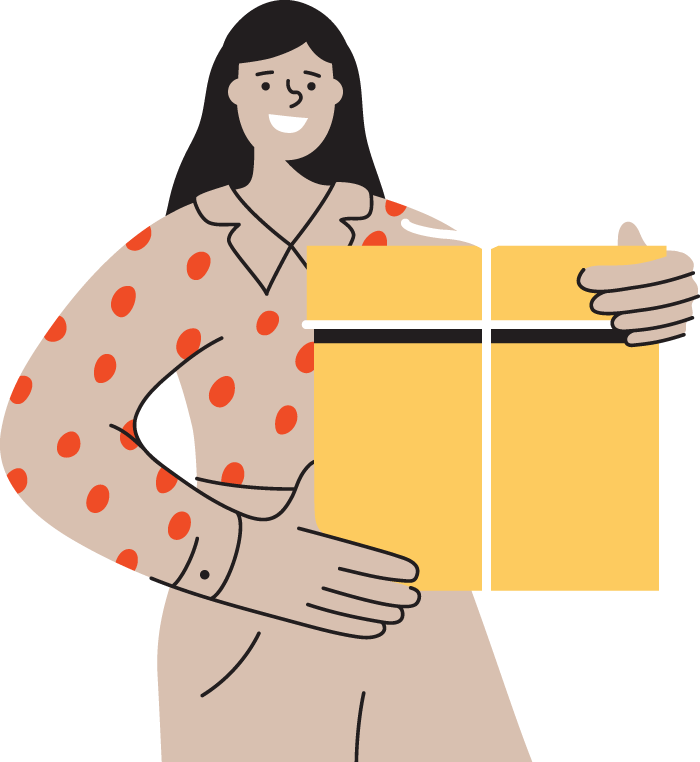 Illustration of a smiling girl holding a yellow gift box