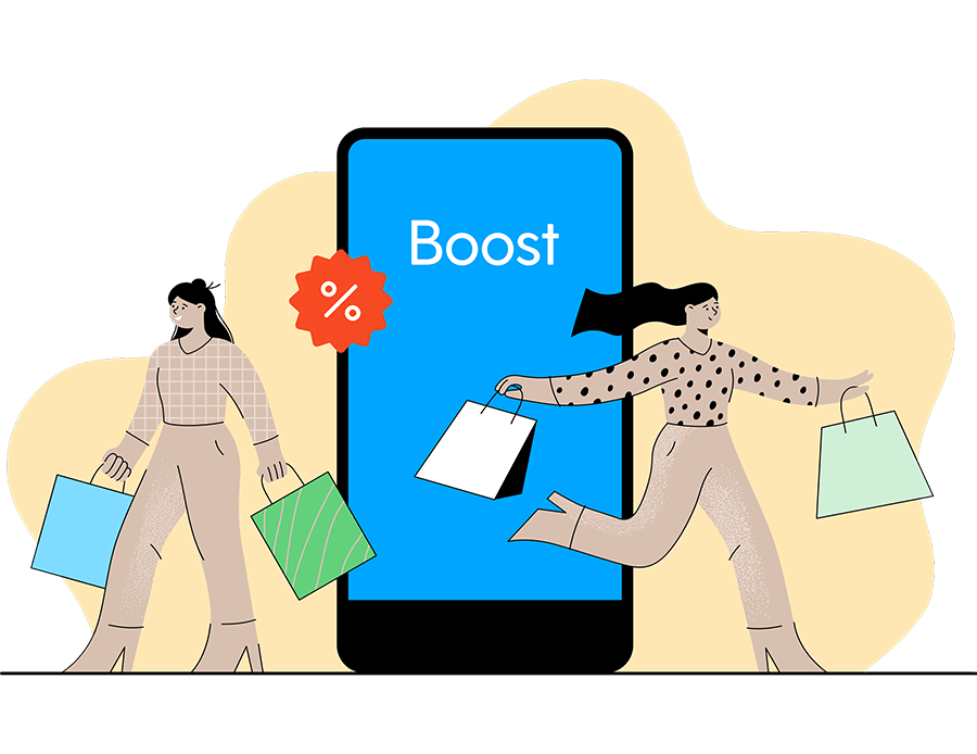 Illustration of a smartphone with a Boost logo displayed. There are two people on either side of the phone, holding shopping bags.