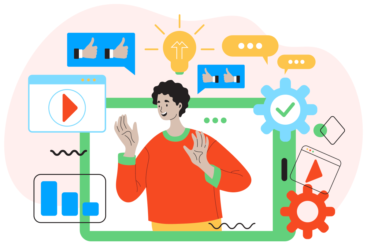 Illustration of a smiling employee surrounded by various objects including charts, graphs, video players and cogs.