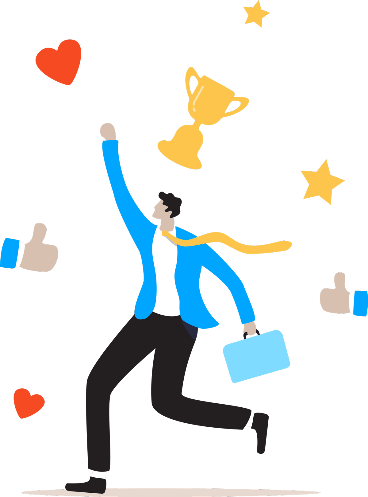Illustration of an employee giving a thumbs up. They are surrounded by love hearts, gold stars, and trophies.