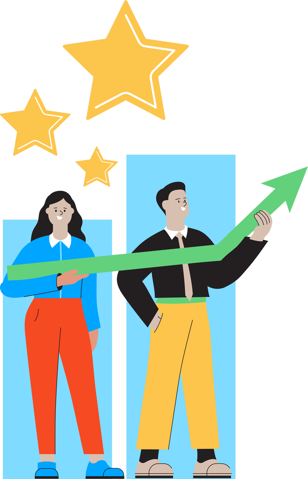 Illustration of two smiling employees holding a large green arrow that is trending upward. There are three large yellow stars at the top of the image.